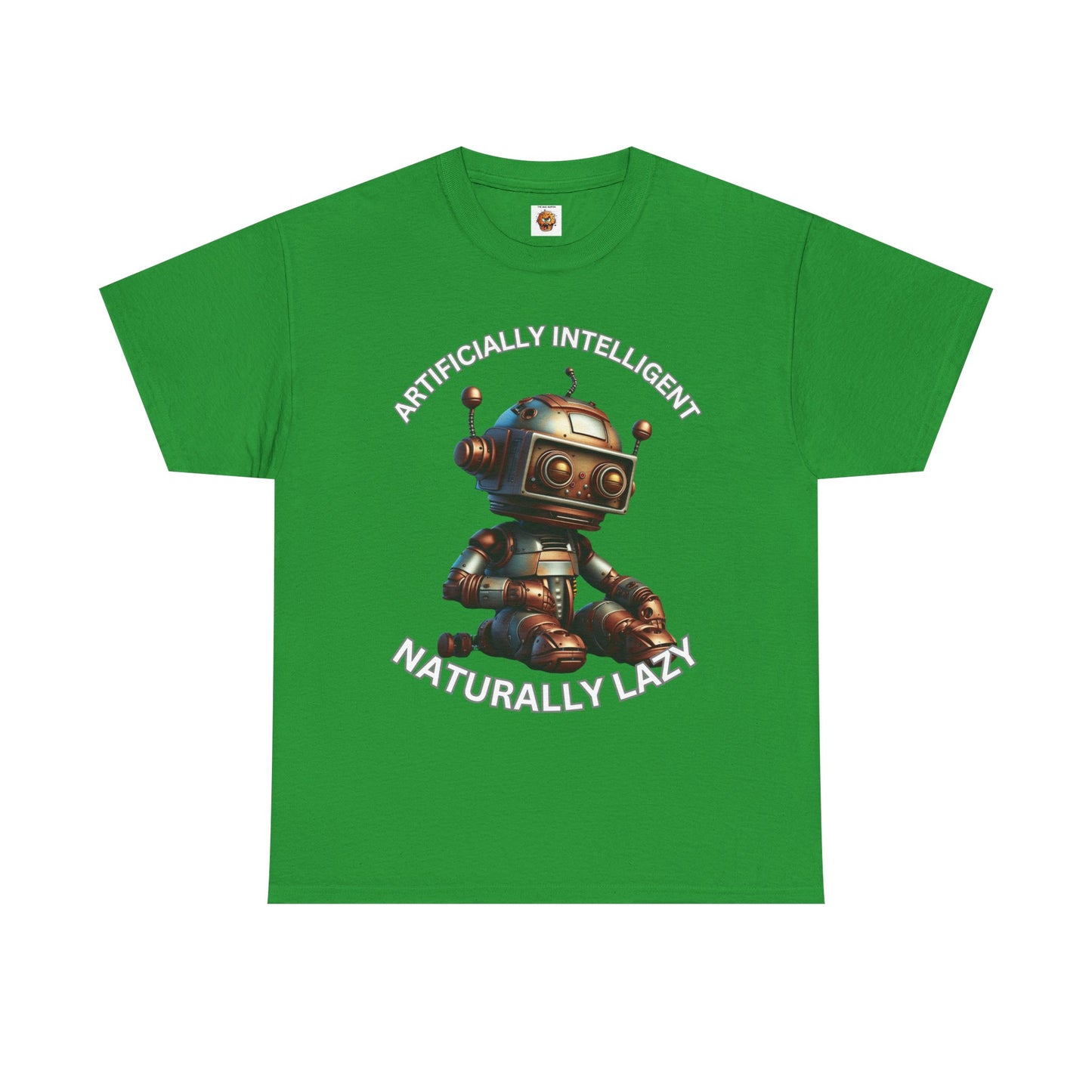 Cute Robot Unisex Heavy Cotton Tee Shirt - 'Artificially Intelligent, Naturally Lazy' Graphic T-Shirt for Tech Lovers, Geek, Nerd
