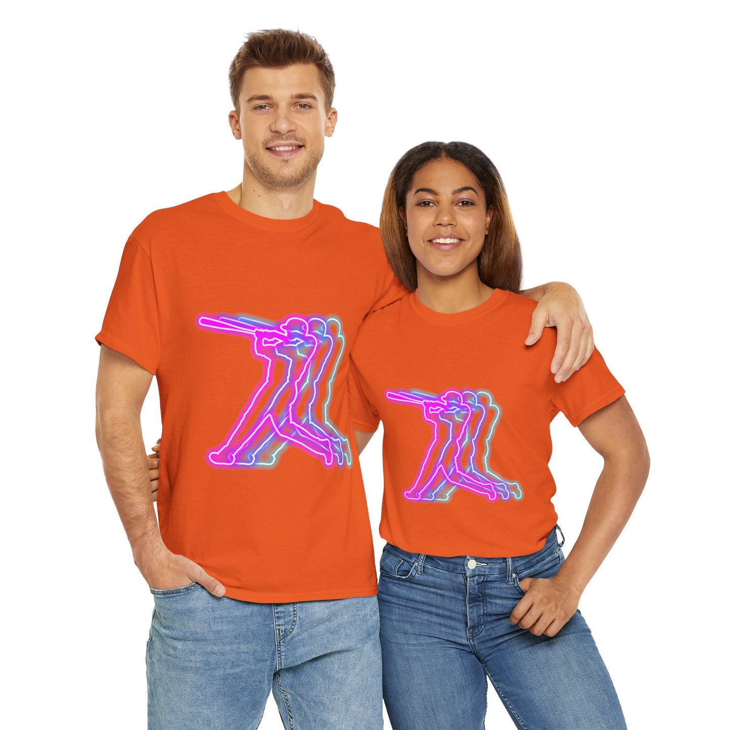 Neon Baseball Player Action Graphic Tee | Unisex Heavy Cotton Shirt, Retro Sports T-Shirt, Casual Wear, Street Style, Gift for Athletes, American, Batter Up