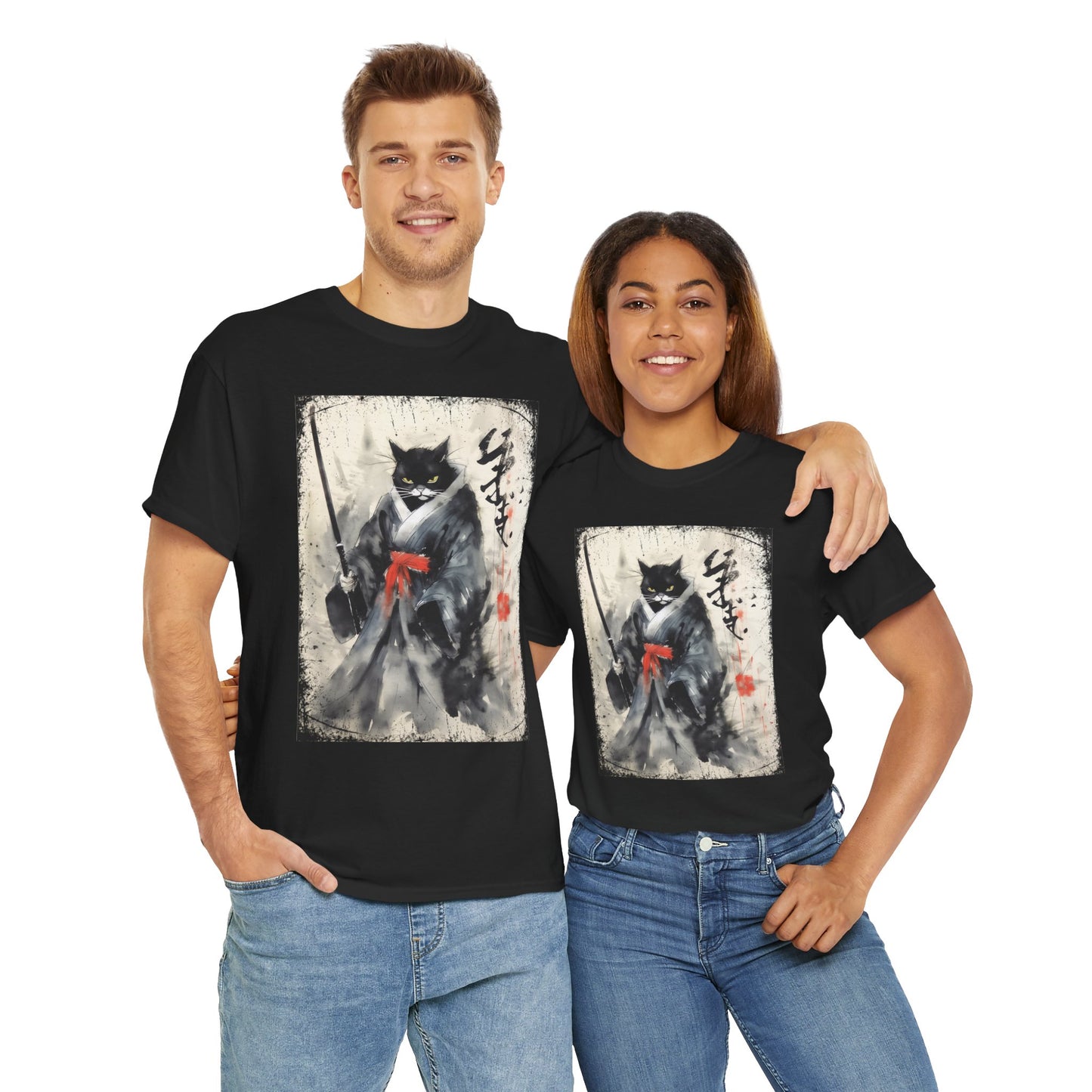 Samurai Cat Vintage Ukiyo-e Warrior Art Unisex Heavy Cotton Tee - Artistic Vintage Design, Japanese Ink Painting, Anime, Weeb, Otaku, Geek, Nerd