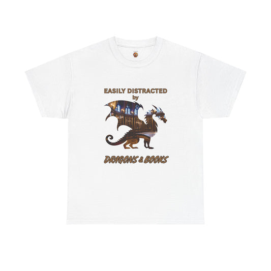 Easily Distracted by Dragons & Books Tee, Unisex Cotton T-Shirt for Book Lovers, Fun Gift for Fantasy Fans, Cozy Casual Wear, DND, RPG, TTRPG, Geek, Nerd