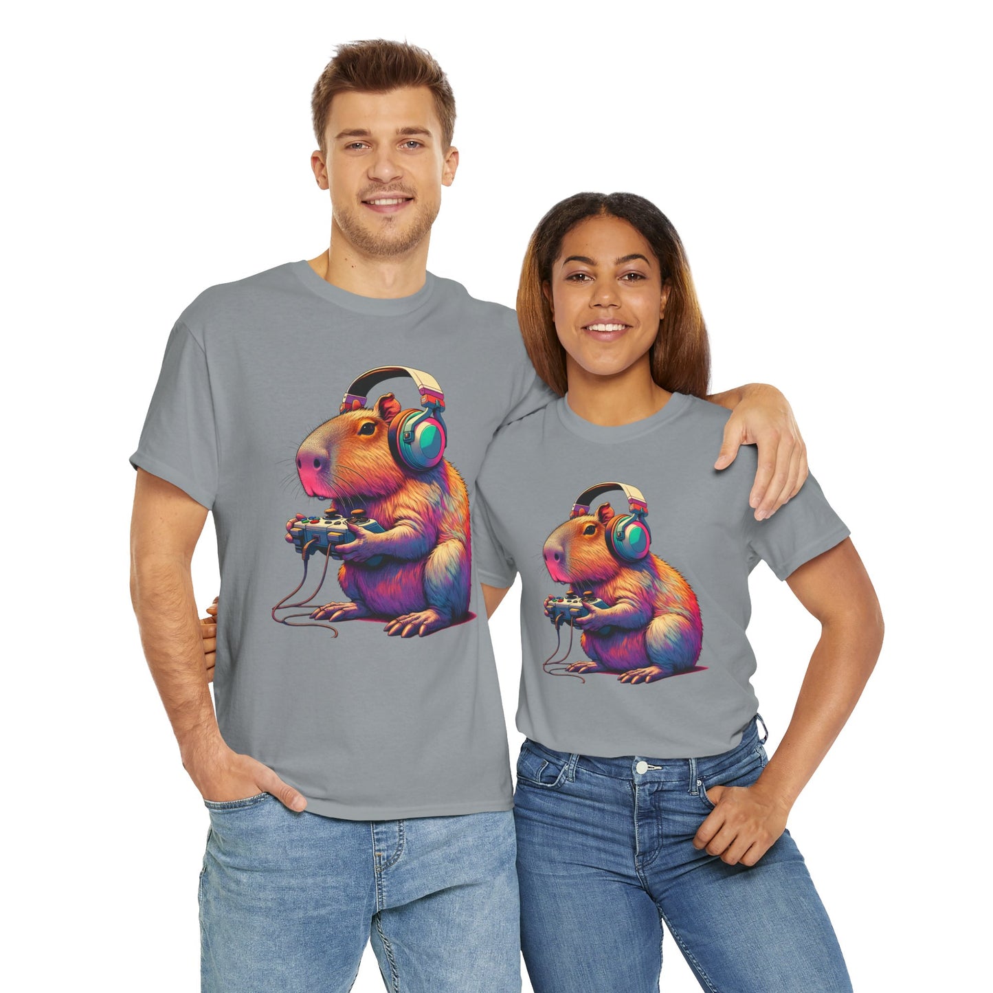 Cute Kawaii Gamer Capybara Guinea Pig Unisex Heavy Cotton Tee Shirt - Headphones, Earphones, Gaming, Anime, Video Game, Geek, Nerd