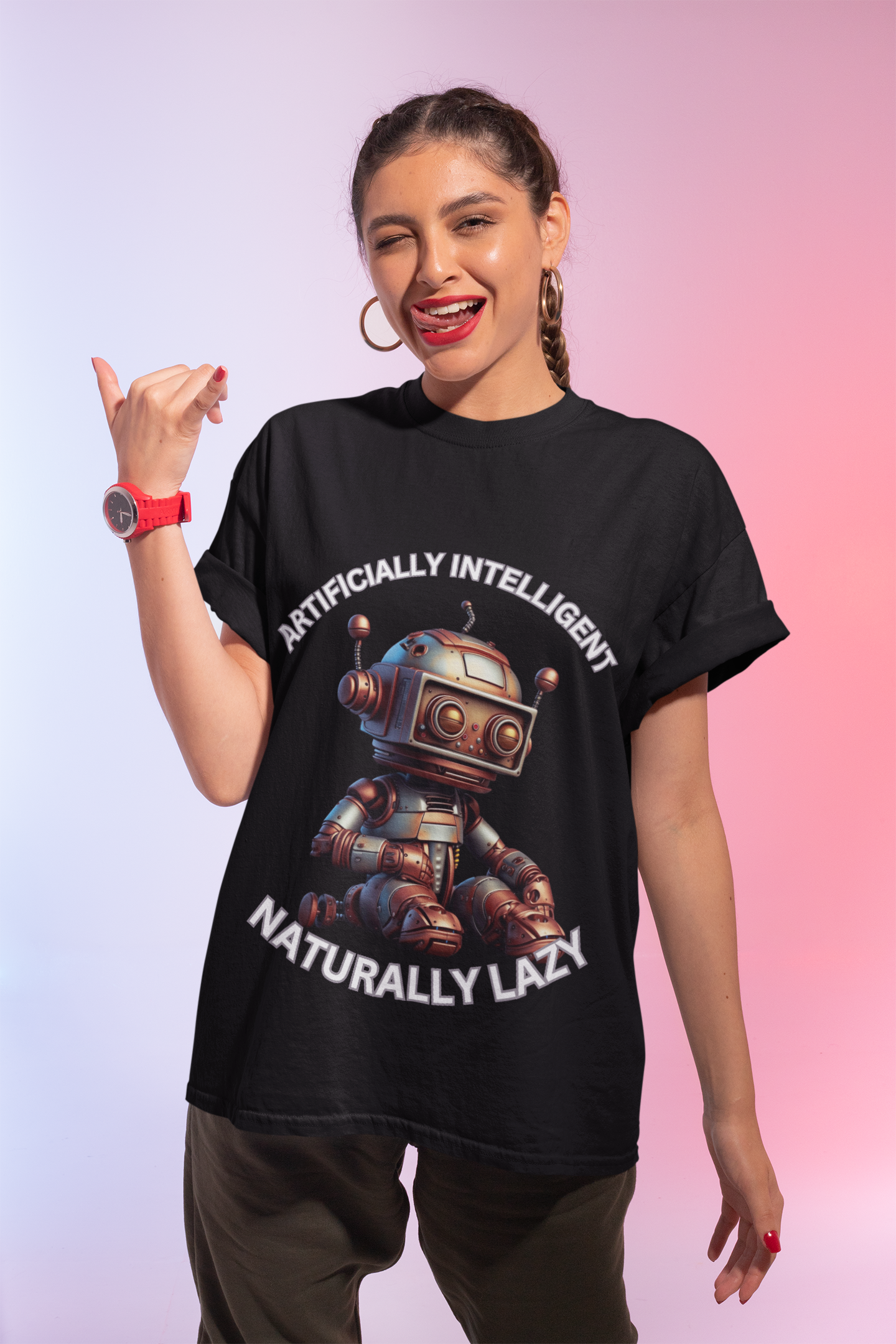 Cute Robot Unisex Heavy Cotton Tee Shirt - 'Artificially Intelligent, Naturally Lazy' Graphic T-Shirt for Tech Lovers, Geek, Nerd
