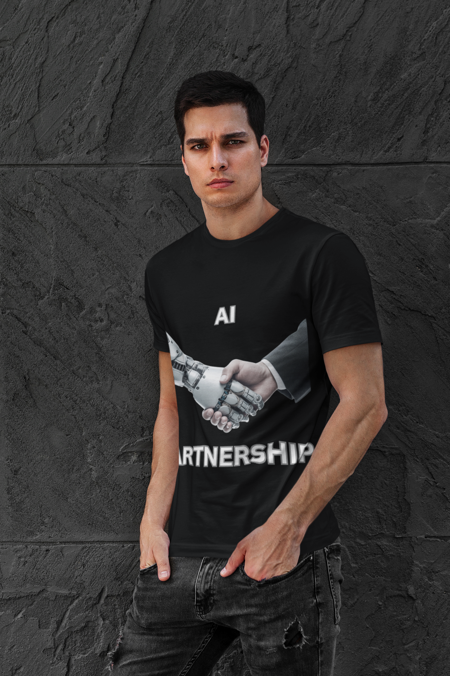 AI Partnership Unisex Heavy Cotton Tee Shirt - Robot And Human Shake Hands, Sci-Fi, Science, Tech, Geek, Nerd