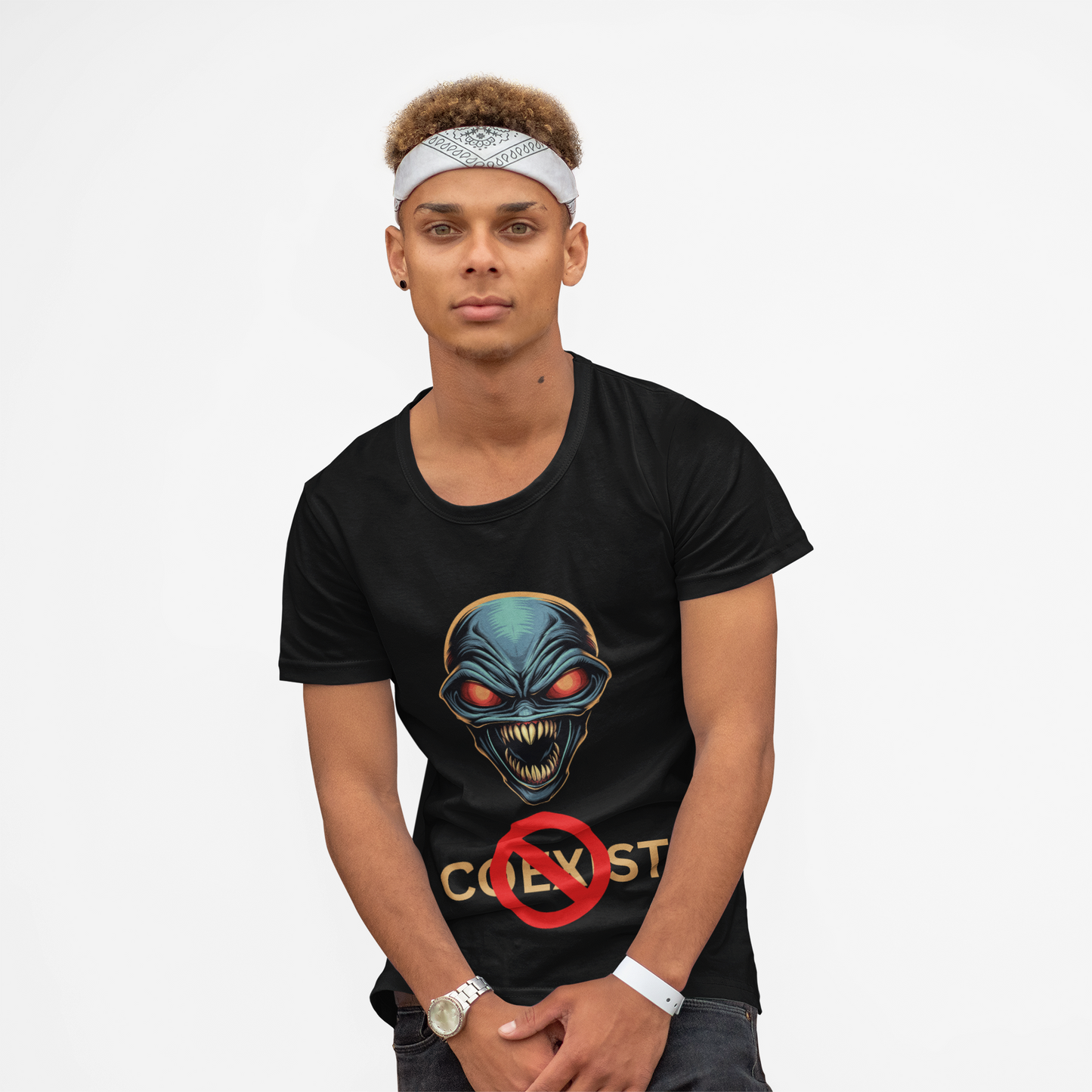 Sci-Fi Coexist No Unisex Heavy Cotton Tee - Cool Alien Head Graphic T-Shirt, Invader, Geek, Nerd