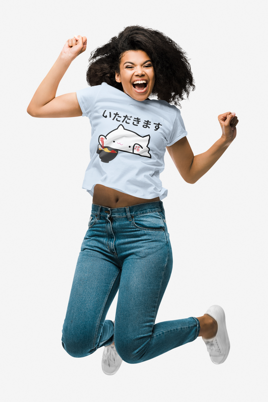 Cute Kawaii Japanese Cat Tee Shirt - Itadakimasu Design - Unisex Heavy Cotton T-Shirt - 'To Humbly Receive', Geek, Nerd