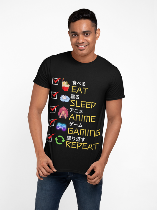 Cute Kawaii Unisex Heavy Cotton Tee Shirt T-Shirt - Eat Sleep Anime Gaming Repeat, Funny Checklist Japanese Kanji English, Geek, Nerd