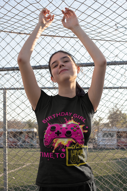 Happy Birthday Girl Gaming Tee Shirt T-Shirt - Time to Level Up, Gamer, Gaming, Video Games, Great For Gamer Girls, Women, Ladies, Geek, Nerd
