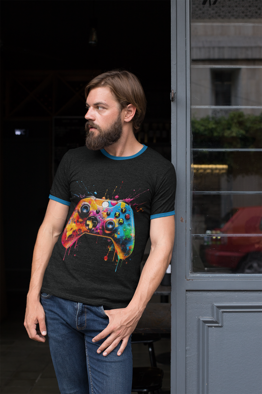 Colorful Paint Gamer Unisex Heavy Cotton Tee Shirt - Domestic Video Game Controller Design, Gaming, Console, T-Shirt, Rainbow Colors, Geek, Nerd