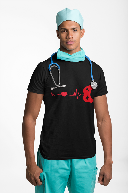 Heartbeat Domestic Video Game Controller Unisex Heavy Cotton Tee Shirt T-Shirt - Gamer, Gaming, Geek, Nerd, Life