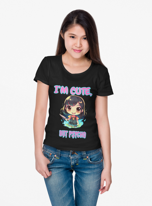 Cute But Psycho Unisex Heavy Cotton Tee Shirt - Trendy Graphic T-Shirt for Casual Wear, Scary Horror, Cute Kawaii Chibi Girl, Weeb, Otaku, Geek, Nerd