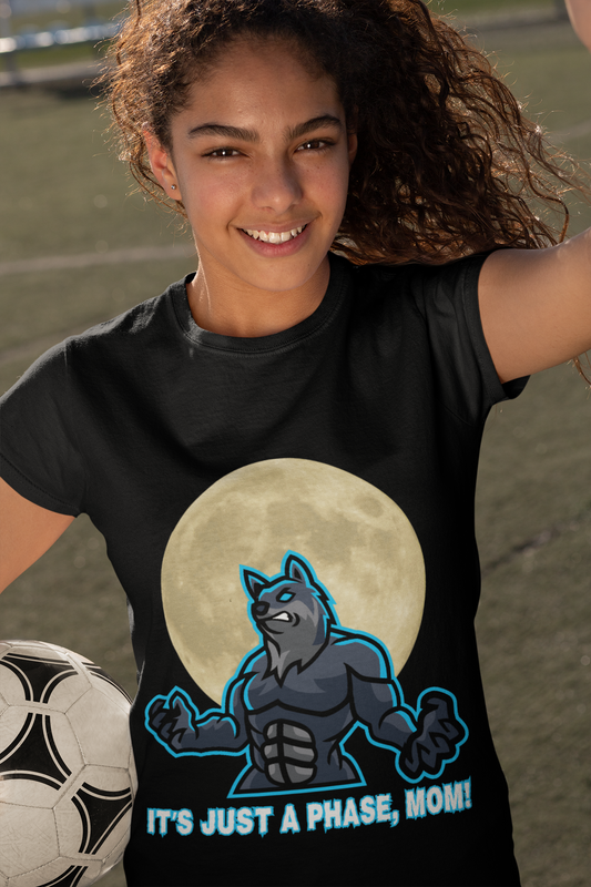 'It's Just A Phase, Mom!' Moon & Werewolf Graphic Tee Shirt T-Shirt – Perfect for Teenagers and Moms!  Funny, Horror, Scary, Gothic, Halloween, Geek, Nerd
