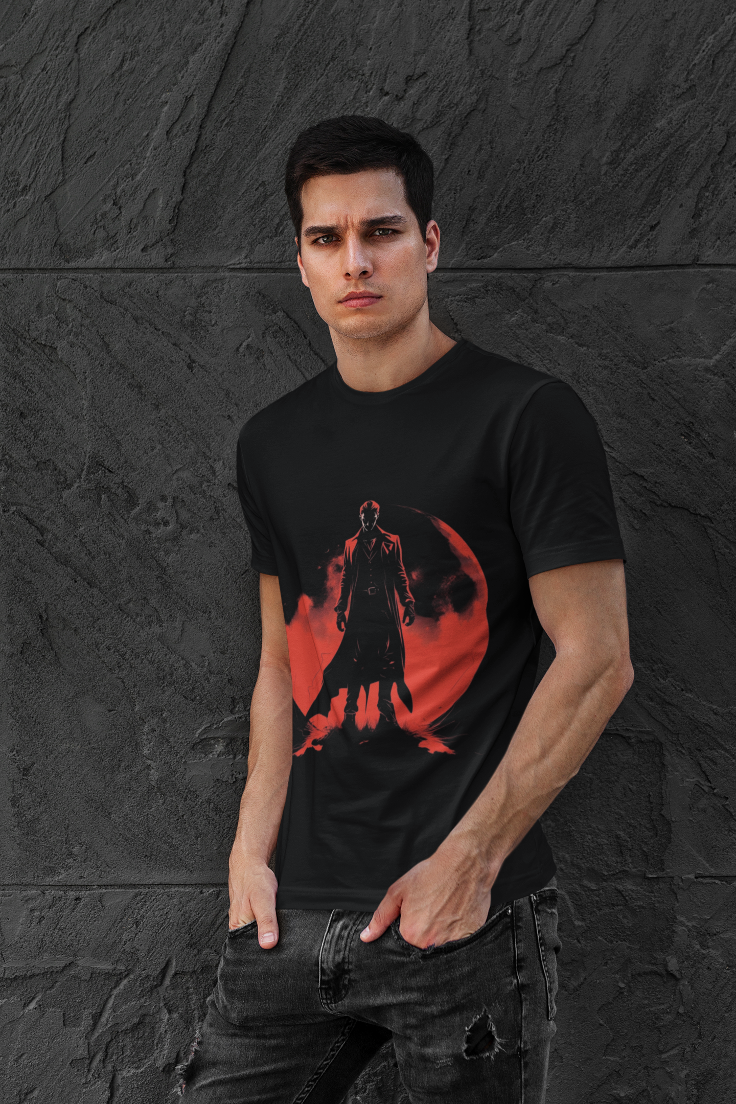 Eternal Night 001 Unisex Heavy Cotton Tee Shirt T-Shirt - Bold Red Shadow Design for Vampire Fans, Classic, Blood Red Moon, Dracula, Halloween, Scary