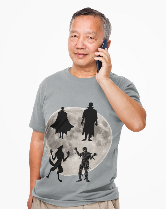 Halloween Silhouette Unisex Heavy Cotton Tee Shirt T-Shirt - Classic Movie Monsters, Horror, Scary, Retro, Vintage, Geek, Nerd