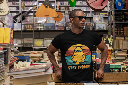 Stay Spooky Retro Holiday Unisex Heavy Cotton Tee - Vintage Ghost Halloween Shirt, Sunglasses, California, Tropical, Funny, Geek, Nerd