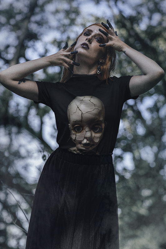 Creepy Scary Vintage Porcelain Broken Doll Unisex Heavy Cotton Tee Shirt - Unique Graphic T-Shirt, Horror, Halloween, Gothic, Geek, Nerd