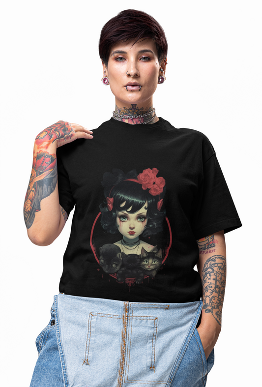 Coquette Gothic Girl With Cat Pets Unisex Heavy Cotton Tee Shirt T-Shirt - Artistic Floral Design, Horror, Scary, Disturbing, Halloween, Geek, Nerd