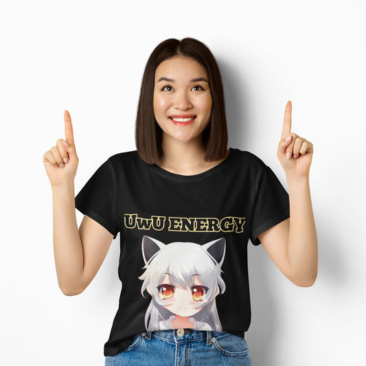 Cute Anime 'UwU ENERGY' Cat Girl Neko Nekomusume Unisex Heavy Cotton Tee Shirt T-Shirt - Weeb, Otaku, Geek, Nerd