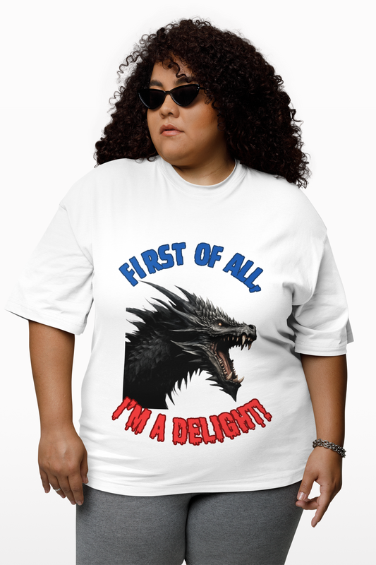 Black Dragon "First of All, I'm a Delight!" Dungeons and Dragons DND Unisex Heavy Cotton Tee Shirt T-Shirt - RPG, TTRPG, Roleplaying, Geek, Nerd