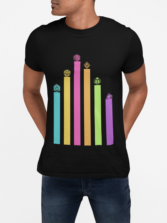 Vintage Minimalist Geeky Polyhedral Falling Retro Rainbow Dungeons and Dragons DND Unisex Heavy Cotton Tee Shirt - RPG, TTRPG, Roleplaying, Geek, Nerd