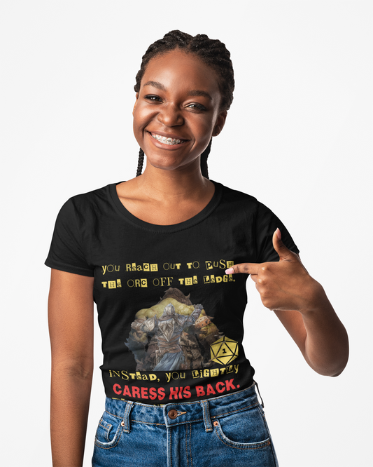 Funny Dungeons & Dragons DND Unisex Heavy Cotton Tee Shirt - 'You Reach Out to Push the Orc Off the Ledge', D20, RPG, TTRPG, Roleplaying, Geek, Nerd