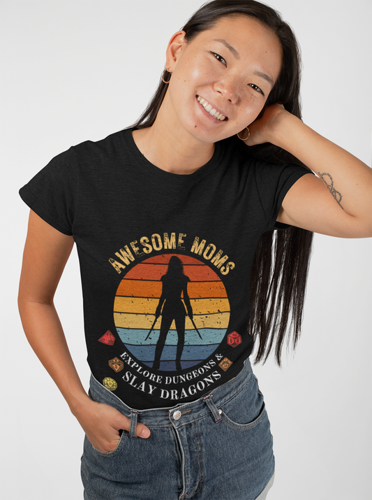 Awesome Moms Play Dungeons & Dragons DND Unisex Heavy Cotton Tee Shirt - RPG, TTRPG, Roleplaying, T-Shirt, Mother's Day, Geek, Nerd