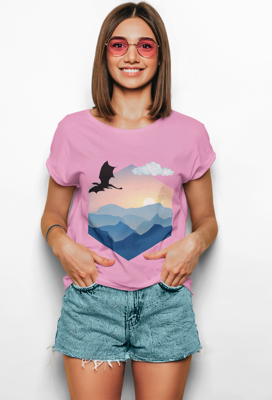 Flying Dragon Adventure Dungeons and Dragons DND Unisex Heavy Cotton Tee Shirt - Fantasy Mountain Design, RPG, TTRPG, Roleplaying, Geek, Nerd