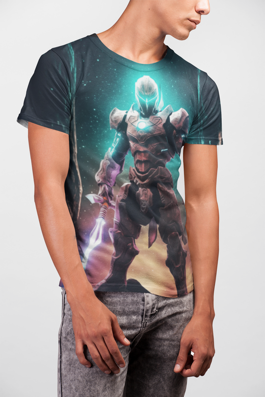 The Last Star Paladin Futuristic Sci-Fi AOP Unisex Tee – Heroic Design, Power Knight, Space Ranger, Armor, Energy Sword, Geek, Nerd