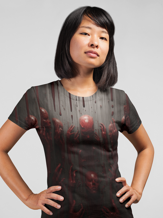 The Mirror Realm Blood Hands and Faces AOP Unisex Tee - Edgy Graphic Shirt for Horror Fans, Scary, Creepy, Halloween, Gothic