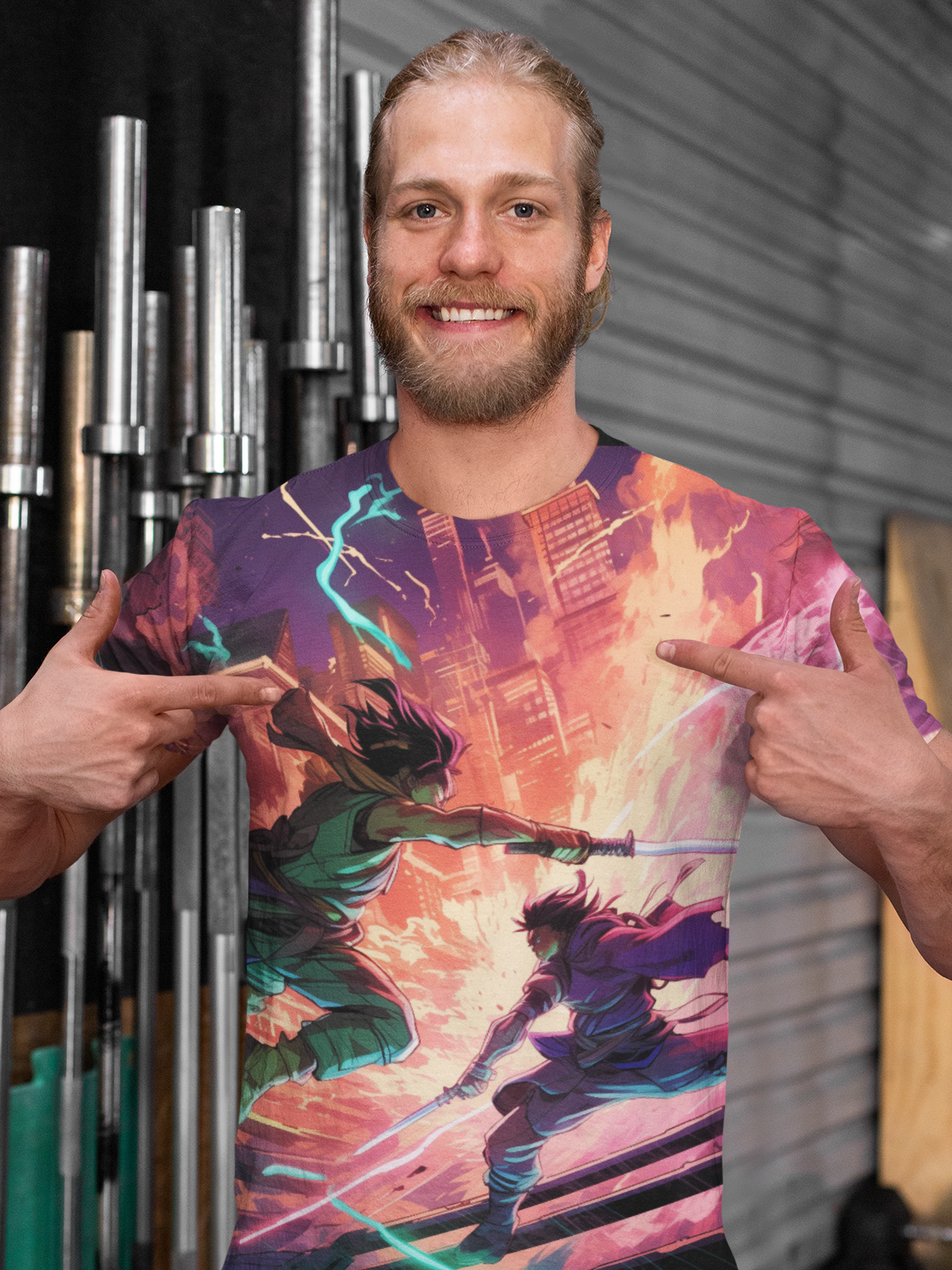 Neo-Tokyo Street Battle Epic Action AOP Unisex Tee - Heroic Battle Design, Shonen Anime, Weeb, Otaku, Geek, Nerd, Sword, Magic, Neon, Energy