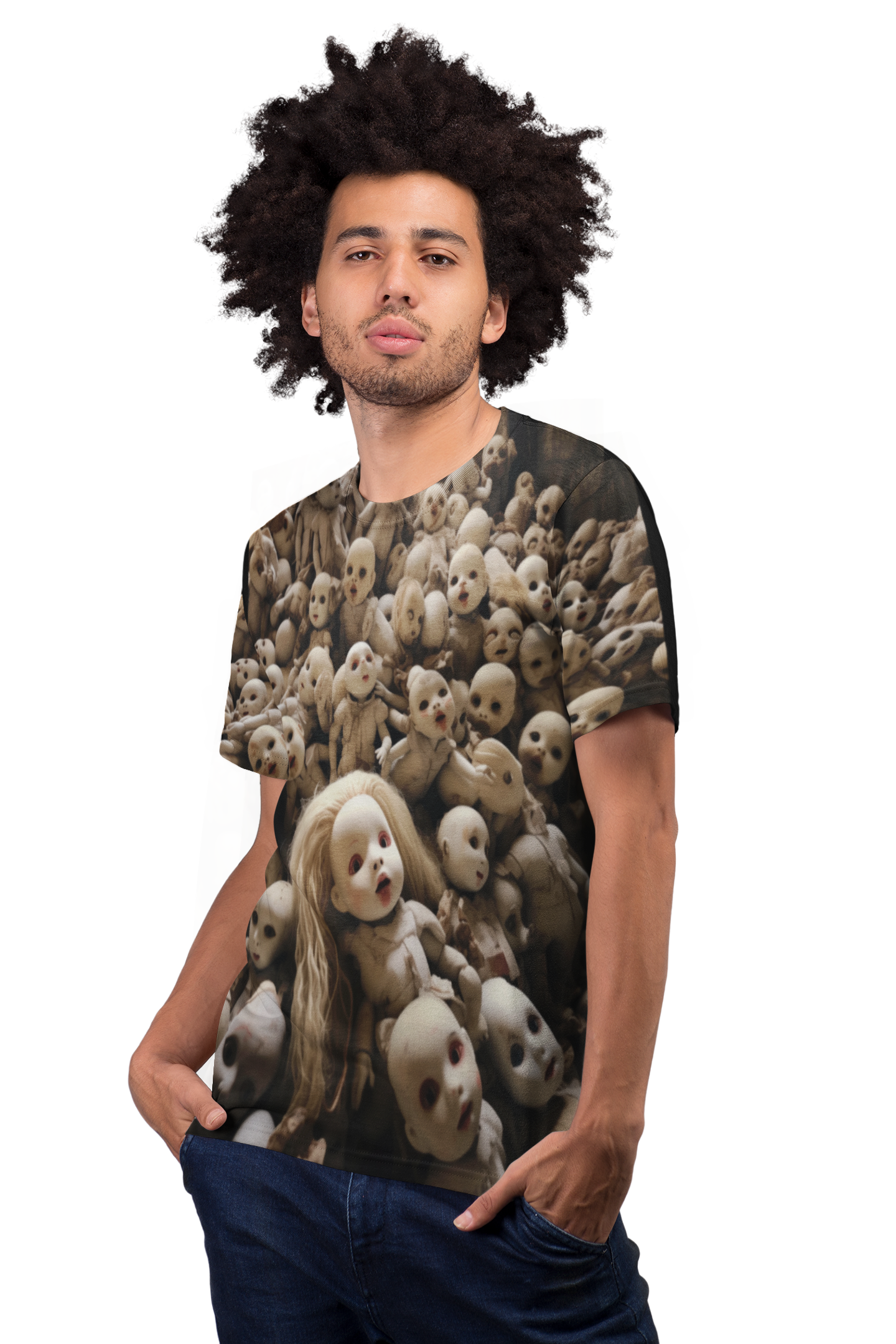 Creepy Mass of Dolls AOP Unisex Tee - For Halloween and Horror Fans, Scary, Gothic, T-Shirt