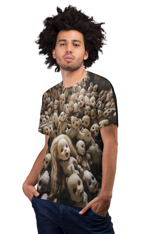 Creepy Mass of Dolls AOP Unisex Tee - For Halloween and Horror Fans, Scary, Gothic, T-Shirt