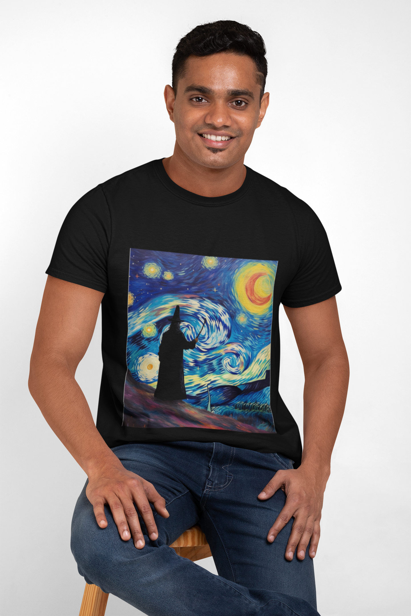 Casting Wizard Starry Night Unisex Heavy Cotton Tee - Artistic Graphic T-Shirt, D&D, DND, Fantasy, Magic, RPG, TTRPG, Geek, Nerd