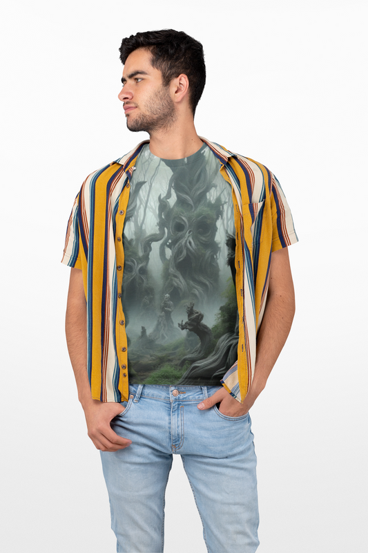Mystical Living Forest AOP Unisex Tee - Enchanted Faces In The Trees Design, Horror, Scary, Creepy, Halloween, Haunted, Eerie