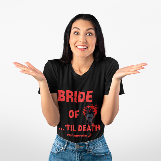 Bride of 'Til Death Bachelorette Party Tee 2025 | Unisex Heavy Cotton T-Shirt, Wedding, Engagement, Horror, Scary, Creepy, Halloween, Geek, Nerd