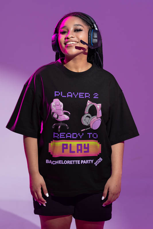 Gamer Girl Bachelorette Party 2025 Tee - 'Player 2 Ready to Play' Unisex Heavy Cotton T-Shirt, Video Game, Gaming, Console, PC, Tech, Geek, Squad, Nerd