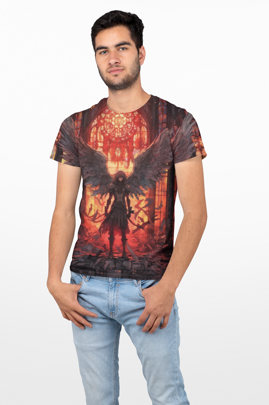 Fallen Angel Rebellion AOP Unisex Tee, Graphic Shirt, Gothic Style Apparel, Shonen Anime Inspired Fashion T-Shirt, Weeb, Otaku, Geek, Nerd