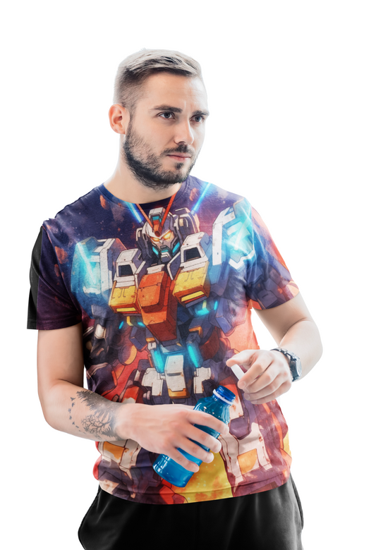 Galactic Mecha Core Breach Energy Unisex AOP Tee - Vibrant Sci-Fi Robot Graphic Shirt, Gundam, Evangelion, Battle Suit, Armor