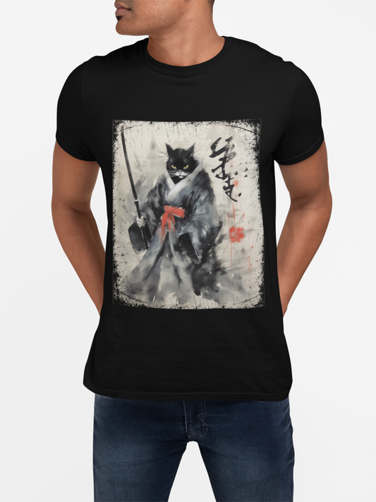 Samurai Cat Vintage Ukiyo-e Warrior Art Unisex Heavy Cotton Tee - Artistic Vintage Design, Japanese Ink Painting, Anime, Weeb, Otaku, Geek, Nerd