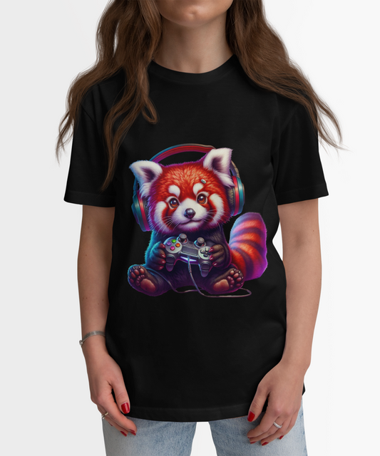 Cute Kawaii Gaming Red Panda Tee - Unisex Heavy Cotton Tee Shirt, Gamer, Anime, Headphones, Earphones, Geek, Nerd