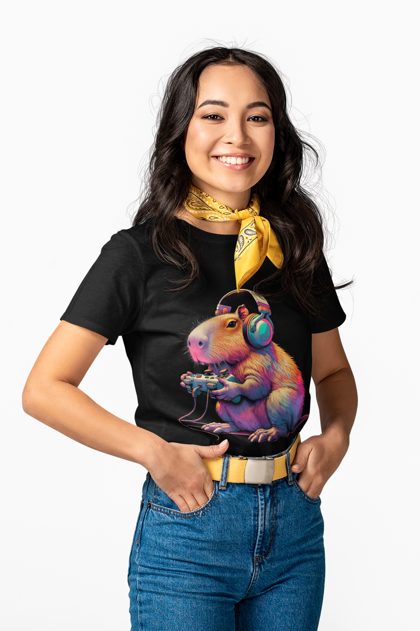 Cute Kawaii Gamer Capybara Guinea Pig Unisex Heavy Cotton Tee Shirt - Headphones, Earphones, Gaming, Anime, Video Game, Geek, Nerd