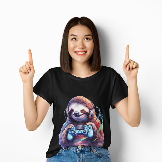Cute Kawaii Gaming Sloth Unisex Heavy Cotton Tee - Animal Shirt, Gamer Apparel, Video Game, Anime, Weeb, Otaku, Geek, Nerd