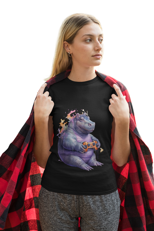 Cute Kawaii Gaming Pygmy Hippo Unisex Heavy Cotton Tee - Fun and Quirky Shirt for Gamers, Video Game, Girl, Anime, Weeb, Otaku, Moo Deng, Thailand