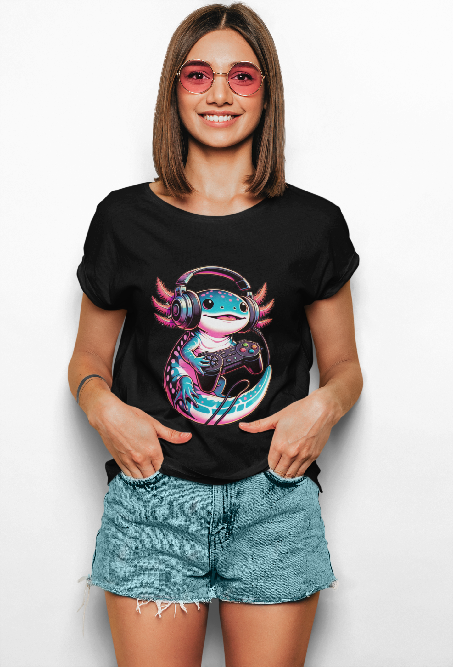 Cute Kawaii Gaming Axolotl Unisex Heavy Cotton Tee - Perfect for Gamers, Mexican Walking Fish, Smile, Video Game, Geek, Nerd, Salamander, Anime