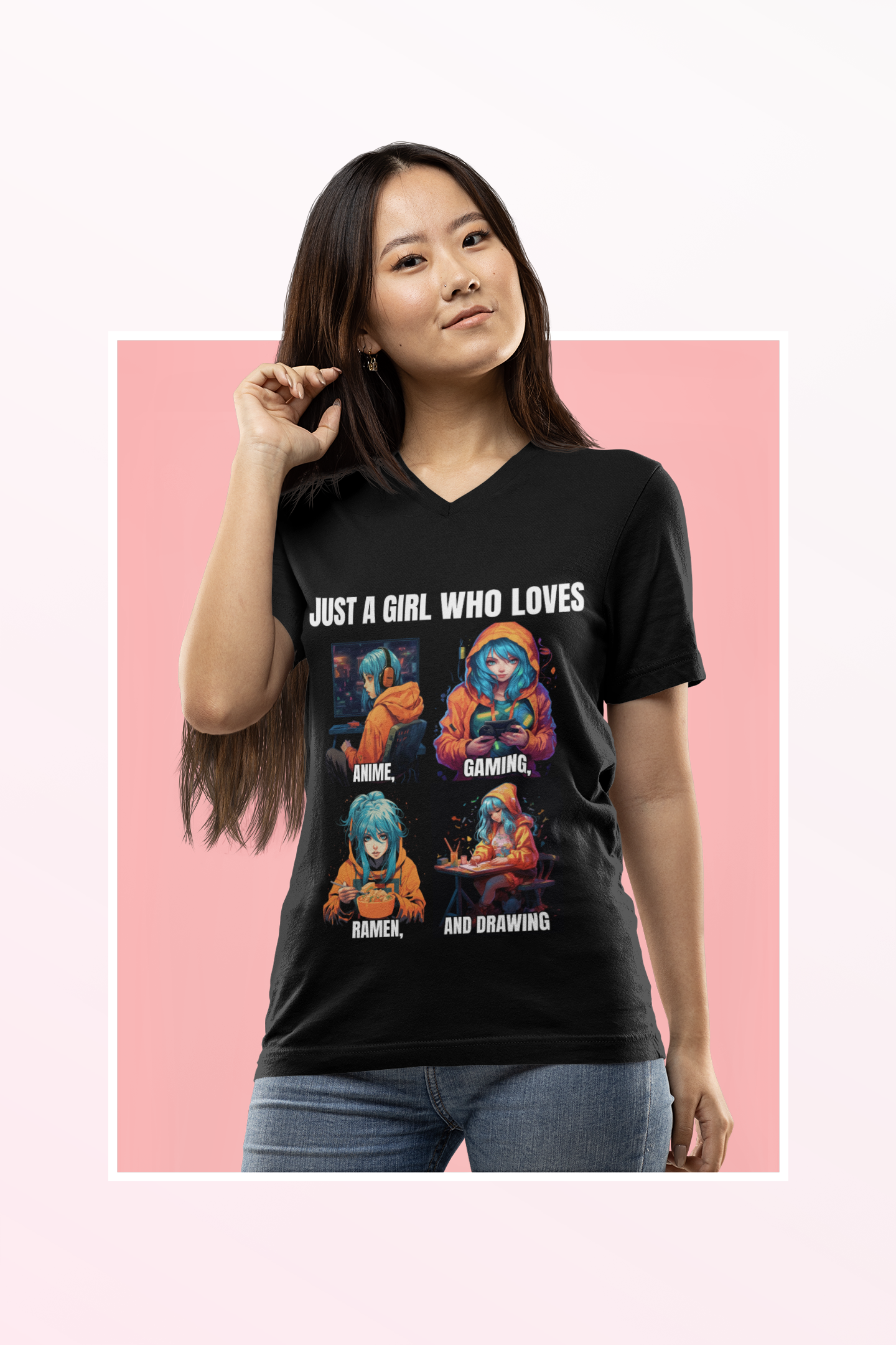 'Just a Girl Who Loves Anime, Gaming, Ramen, and Drawing' Unisex Heavy Cotton Tee - Waifu, Video Game, Gamer, Gamer Girl, Sketching, Weeb, Otaku, Geek, Nerd