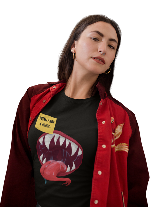 Funny Unisex Heavy Cotton Tee Shirt - "Totally Not a Mimic" Monster Mouth Design, D&D, DND, RPG, TTRPG, Roleplaying, Geek, Nerd, Teeth, Tongue