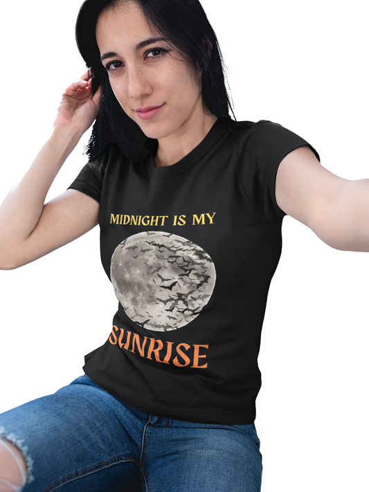'Midnight is My Sunrise' Unisex Heavy Cotton Tee Shirt - Graphic Tee for Night Owls, Scary, Creepy, Halloween, Gothic, Full Moon, Bats