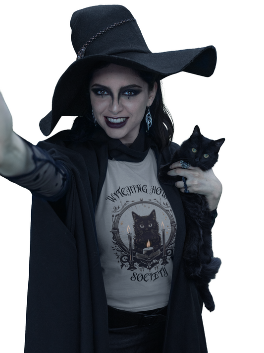 'Witching Hour Society' Cat Cat Tee Shirt- Unisex Heavy Cotton T-Shirt for Book Lovers, Reader, Gothic, Midnight, Scary, Creepy, Halloween