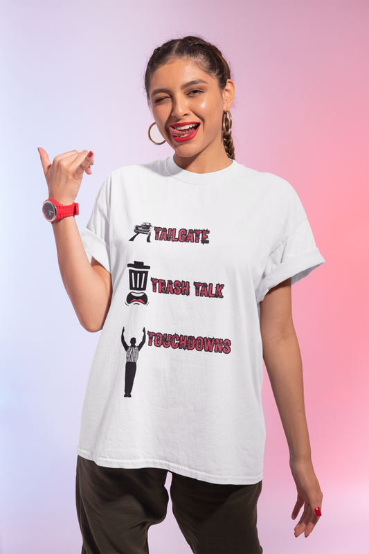 Tailgate, Trash Talk, Touchdowns Game Day Unisex Heavy Cotton Tee Shirt, American Football T-Shirt, Casual Wear, Sporty Graphic Tee