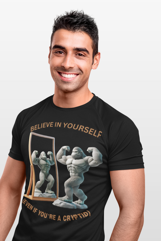 Funny 'Believe In Yourself Even If You're A Cryptid' Bigfoot Motivational Unisex Heavy Cotton Tee | Fitness Inspiration | Gift for Gym Lovers, Paranormal, Aliens, Geek, Nerd
