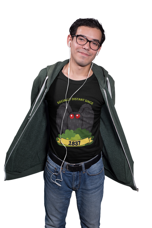 Mothman 'Socially Distant Since 1837' Unisex Tee, Funny Graphic Tee, Quirky T-Shirt, Casual Wear, Gift for Friends, Paranormal, Cryptid, Geek, Nerd, Scary, Creepy